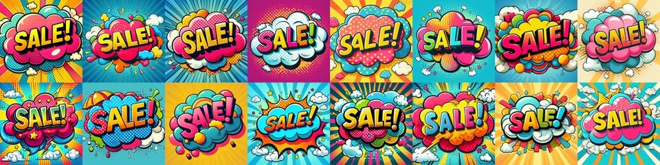 Sale! on a cloud in bright colors, pop-art style. AI generated illustration
