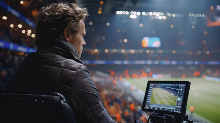 a broadcaster sitting in a stadium sitting in front of a monitor