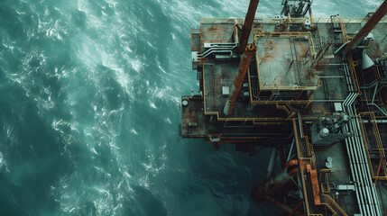 A large offshore upstream oil and gas rig platform strongly built in the middle of the vast ocean.