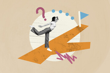 Photo collage illustration young girl try find way path look question mark ask where destination...