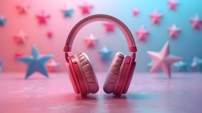 Pink Headphones with Glowing Stars, To provide a visually striking and relevant image for use in marketing campaigns, websites, or other digital