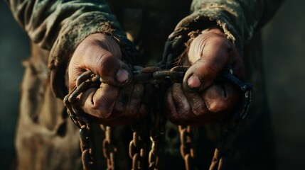 Image of hands tied in chains. - obrazy, fototapety, plakaty