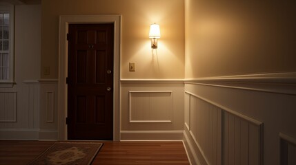 Image of hallway with door and a gentle, warm light.