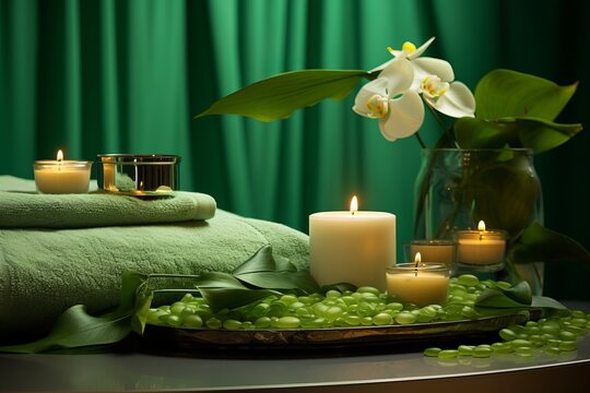 Elegant luxury spa area with folded fluffy green towels in a spa center in soft colors, with softly lit candles around and flowers and plants nearby