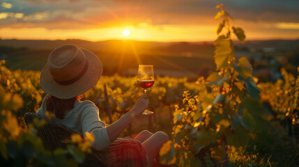 a person holding a wine glass in front of a vineyard