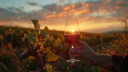 a person holding a wine glass in front of a vineyard - obrazy, fototapety, plakaty