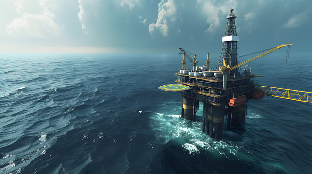 A large offshore upstream oil and gas rig platform strongly built in the middle of the vast ocean.
