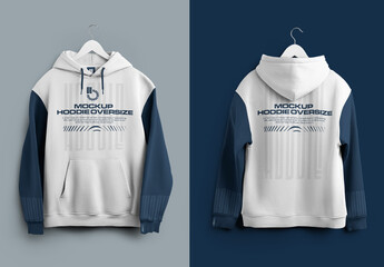 Mockup Hoodie Oversize Front and Back View on the Hangers