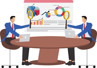 Two entrepreneur businessmen sitting at the conference table and looking at a pie chart with magnifying glass, mass market and niche market or emerging market