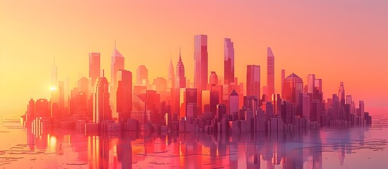 Vibrant Sunset Cityscape on an Island, To showcase the beauty of a modern city at sunset and its innovative architecture, as well as the tranquility