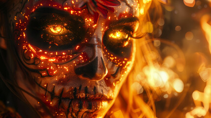 a woman is burning in bright fire, halloween