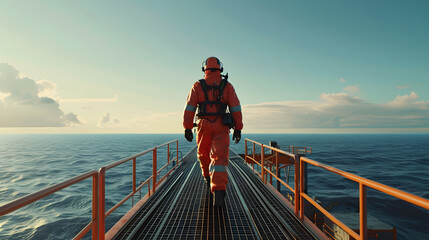 A male petroleum engineer in a field coverall walking or standing on a platform at a large offshore upstream oil and gas rig. - obrazy, fototapety, plakaty