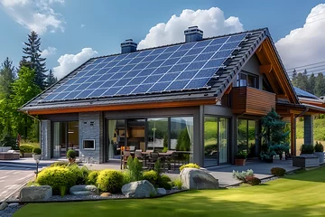 Poster A solar system is installed on the roof of a new suburban home. With solar panels on the gable roof, driveway, and manicured yard, this modern, passive-green home is renewable. © ProDesigner