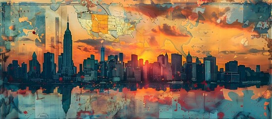 Vibrant Cityscape Painting in the Style of Assemblage of Maps and Snapshots of America, To provide a unique and colorful cityscape illustration for