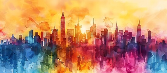 Abstract Watercolor Painting of New York Skyline in Digital Art Style, To provide a unique and creative depiction of the New York City skyline,