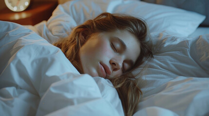 a woman is sleeping covered in white bedding and an alarm clock
