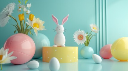 A white rabbit calmly sits  surrounded by a minimalistic Happy Easter composition. The scene exudes a sense of tranquility and innocence.