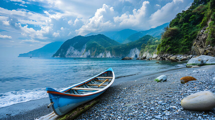 Taiwans beautiful seaside scenery canoe parked - obrazy, fototapety, plakaty