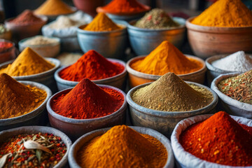 Local market, piles of aromatic spices of different colors. Bowls with ingredients, different types of powder and herbs on the background, pepper and cardamom, oriental dishes.