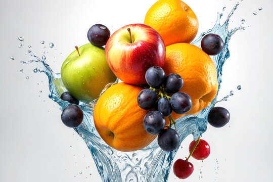Bright light image, banner for advertising. Juicy fruits and berries flying in the air. Splashes and splashes of water. Apples, oranges, plums isolated on a white background.