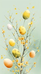 A colorful vase brimming with a variety of fresh flowers, paired with delicate Easter eggs on top, creating a vibrant and festive display. Generative AI