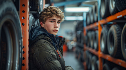 a young man is standing in front of tire racks in a garage