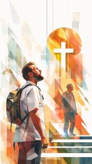 Obraz premium A man with a backpack stands in front of a large cross on a clear day. The man seems pensive, looking at the cross. The scene evokes feelings of awe and reflection. Generative AI