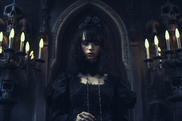 A portrait of a gothic woman with striking purple hair and dark makeup, gazing thoughtfully in a church with gothic architecture.