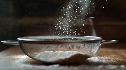 Image of sifting flour through a fine mesh sieve. - obrazy, fototapety, plakaty