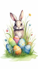 Easter bunny is surrounded by colorful eggs, creating a magical and festive scene. The bunny is depicted in a playful and lively manner, evoking the spirit of Easter celebrations. Generative AI