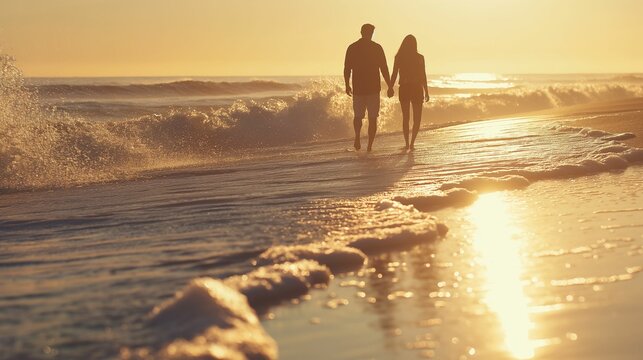 Image of man and a woman taking a leisurely stroll on the beach.