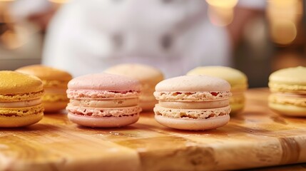 Obraz na płótnie Canvas Chef Arranging Colorful Macarons on a Board, To showcase the beauty and elegance of pastel-colored macarons as a dessert option or for a special