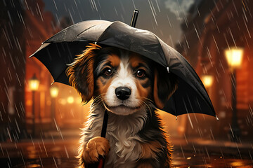 Dog using an umbrella on a rainy day.
Generative AI - obrazy, fototapety, plakaty