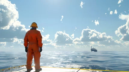 Fotobehang A male petroleum engineer in a field coverall walking or standing on a platform at a large offshore upstream oil and gas rig. © DS Showcase