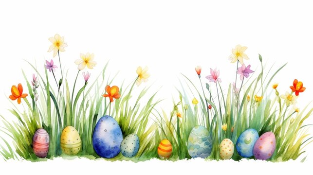 A painting featuring a row of decorative Easter eggs, each painted with intricate designs and vibrant colors.  Generative AI