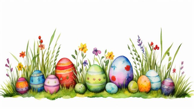 A painting featuring a row of decorative Easter eggs, each painted with intricate designs and vibrant colors.  Generative AI
