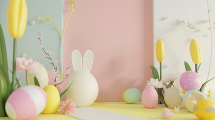 A vibrant Easter background featuring an assortment of colorful painted eggs and blooming flowers, creating a festive and joyful scene. Generative AI