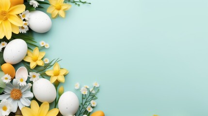 Fototapeta na wymiar A white background adorned with colorful flowers and festive Easter eggs arranged in a cheerful display. Generative AI