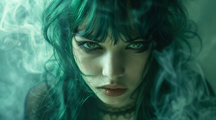 an attractive woman with green hair and smoke blowing behind her