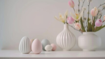 Fototapeta na wymiar A vibrant Easter background featuring an assortment of colorful painted eggs and blooming flowers, creating a festive and joyful scene. Generative AI