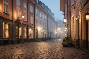 Fototapeta na wymiar cobblestone street with a row of buildings on both sides, misty alleyways. 