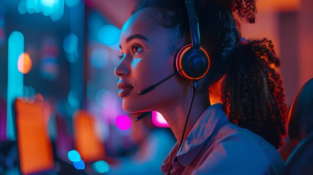 In a call center sitting worker woman , with headphones and microphone on head and screens glowing with activity. Blur effect in the background
