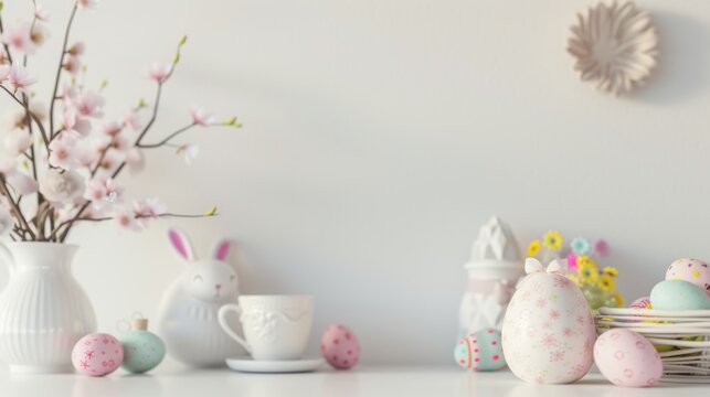 A vibrant Easter background featuring an assortment of colorful painted eggs and blooming flowers, creating a festive and joyful scene. Generative AI