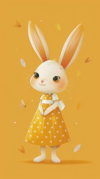 A painting featuring a rabbit dressed in a bright  dress. The rabbit is the main focal point, standing gracefully in the center of the image. Generative AI
