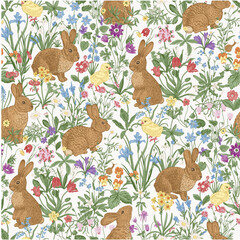 Happy Easter. Seamless pattern. Vintage vector illustration. Bunnies and chickens are among the flowers. - 752173907
