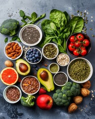 Top view of fresh organic vegetables, fruits, berries, nuts, herbs and spices in small bowls on grey stone tabletop. Nutrition, diet, vegan food concept. Healthy eating background.