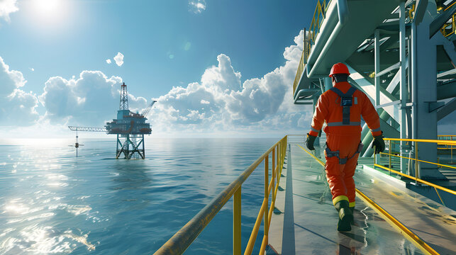 A male petroleum engineer in a field coverall walking or standing on a platform at a large offshore upstream oil and gas rig.