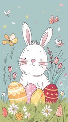 .A painting depicting a cute bunny holding a colorful paintingEaster egg in its paws. The bunny is standing on green grass with flowers in the background.  Generative AI