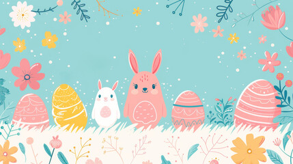 Various cartoon animals , small chicks with fluffy feathers and  bunny, standing in a row with Easter eggs, displaying their cuteness and camaraderie. Generative AI