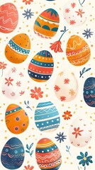 Colorful simple easter background. A collection of colorful eggs and delicate flowers, rabbits and chickens located on a white background. Generative AI